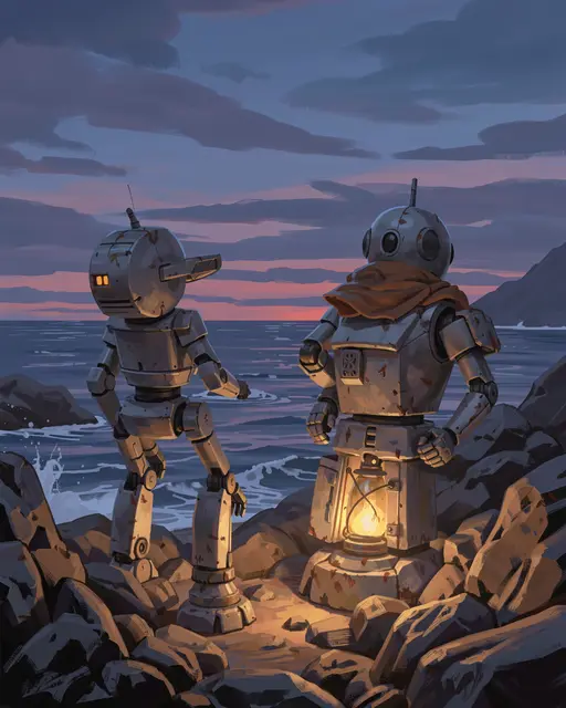 Two weathered old robots stand on a rocky shore beside a glowing lantern, looking out at the ocean at dusk