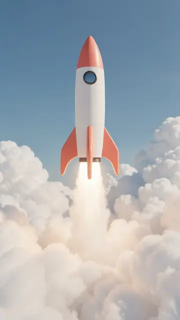 A white and coral 3D render rocket lifts off upward through puffy white clouds against a clear blue sky.