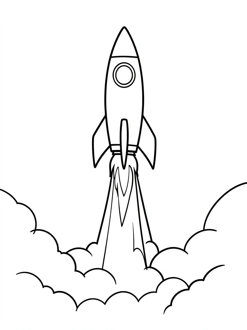 Simple black line art of a rocket blasting off above launch clouds on a white background