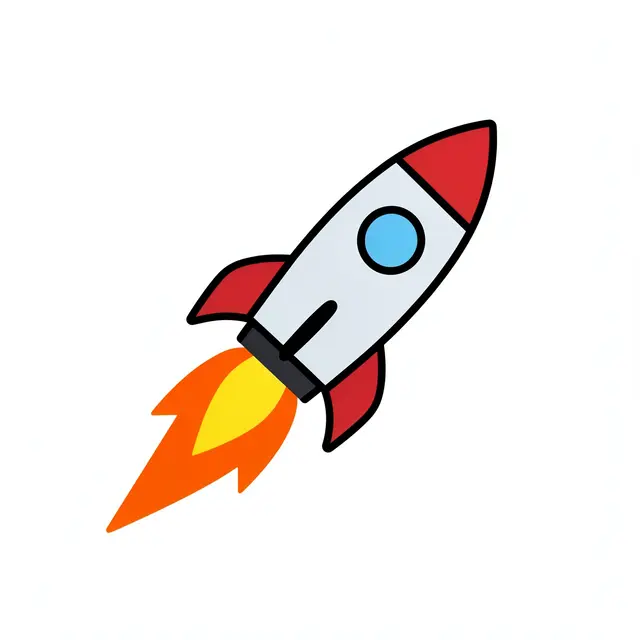 Bold flat vector icon of a cartoon rocket with a flame trail on a plain white background