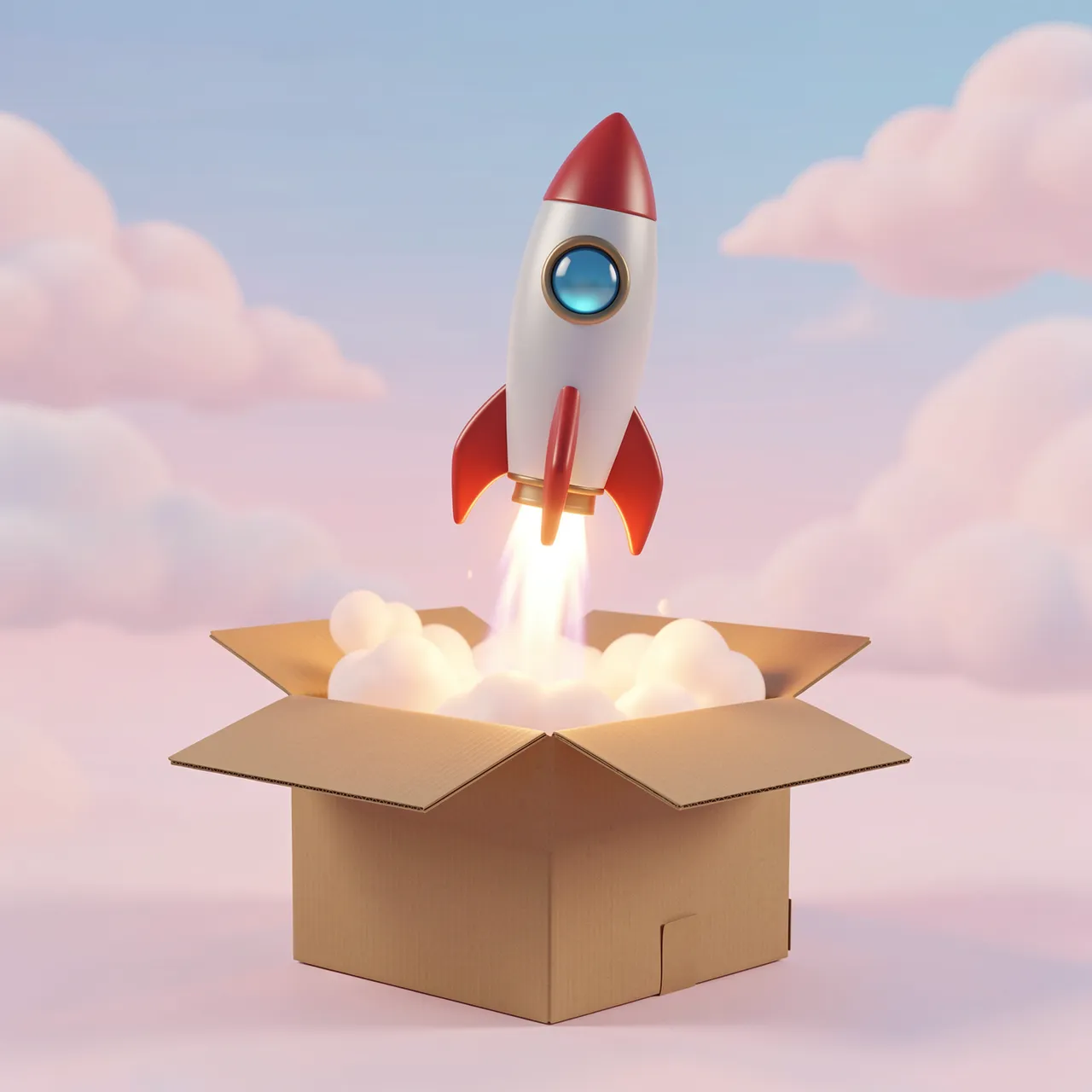 A cartoon 3D rocket launches upward out of an open cardboard box against a pastel cloudy sky