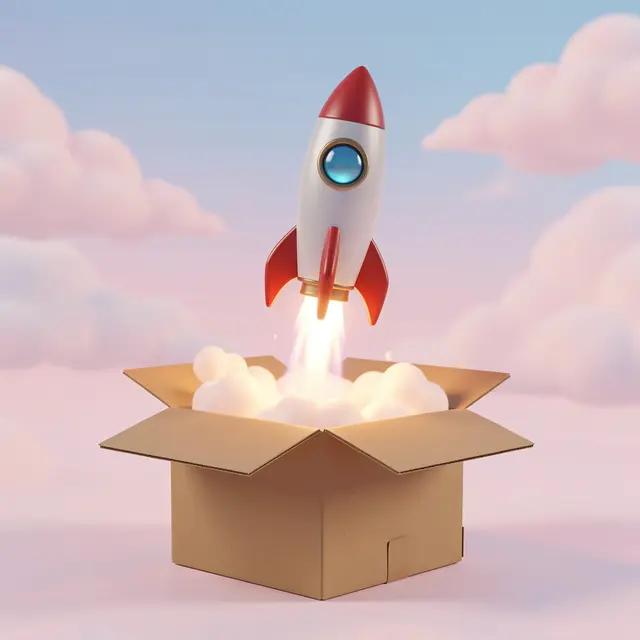 A cartoon 3D rocket launches upward out of an open cardboard box against a pastel cloudy sky