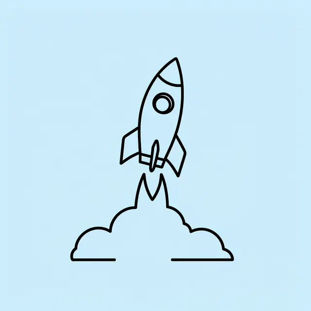 Clean monoline line icon of a lifting rocket with launch flame and smoke on a pale blue background