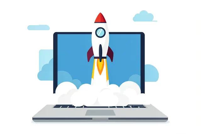 A flat vector illustration shows a cartoon rocket launching out of an open laptop surrounded by stylized clouds.