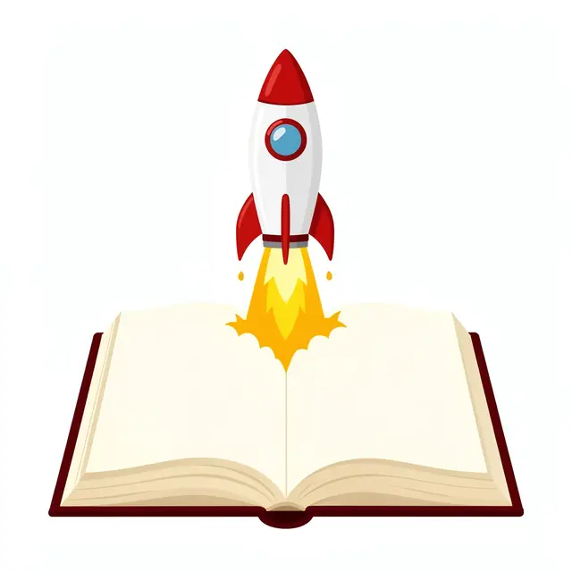 Flat vector illustration of a cartoon rocket launching above an open blank book, symbolizing bright ideas and learning