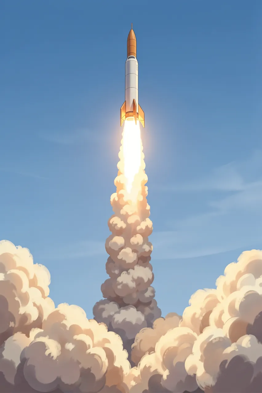 A rocket ascends upward, trailing a bright flame and billowing smoke against a clear blue sky.