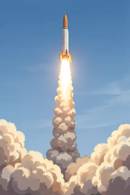 A rocket ascends upward, trailing a bright flame and billowing smoke against a clear blue sky.
