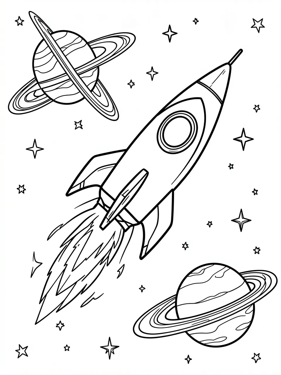 Black and white line art of a flying rocket, ringed planets, and scattered stars on a plain white background