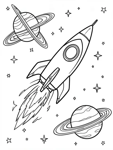 Black and white line art of a flying rocket, ringed planets, and scattered stars on a plain white background