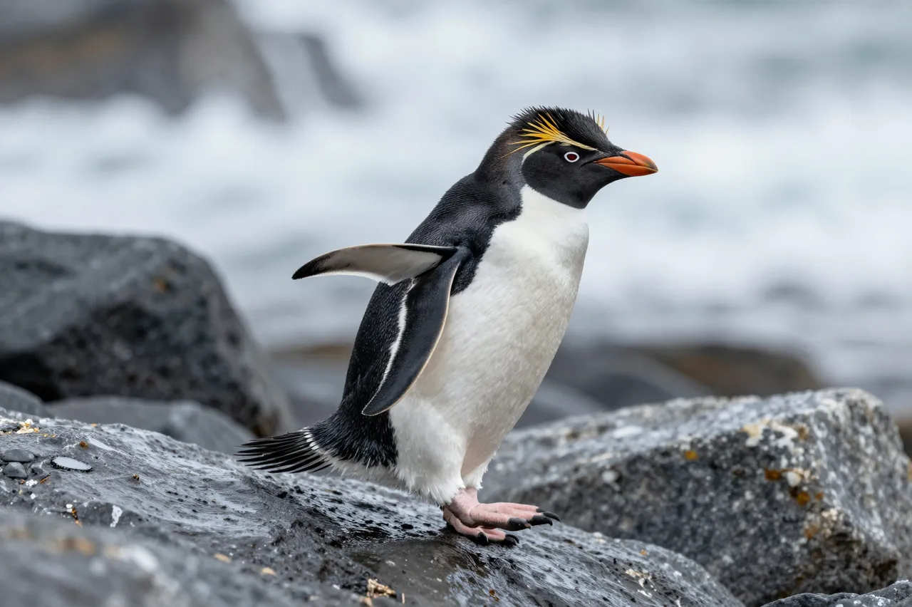 A rockhopper penguin with spiky yellow crests stands on wet dark shore rocks beside churning surf.