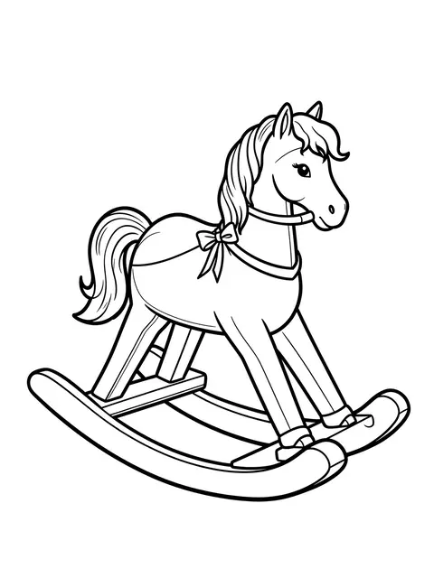 Bold black line art of a wooden rocking horse with a neck bow, on a plain white background