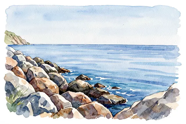 Watercolor illustration of a rocky shoreline meeting a calm blue sea under a pale sky