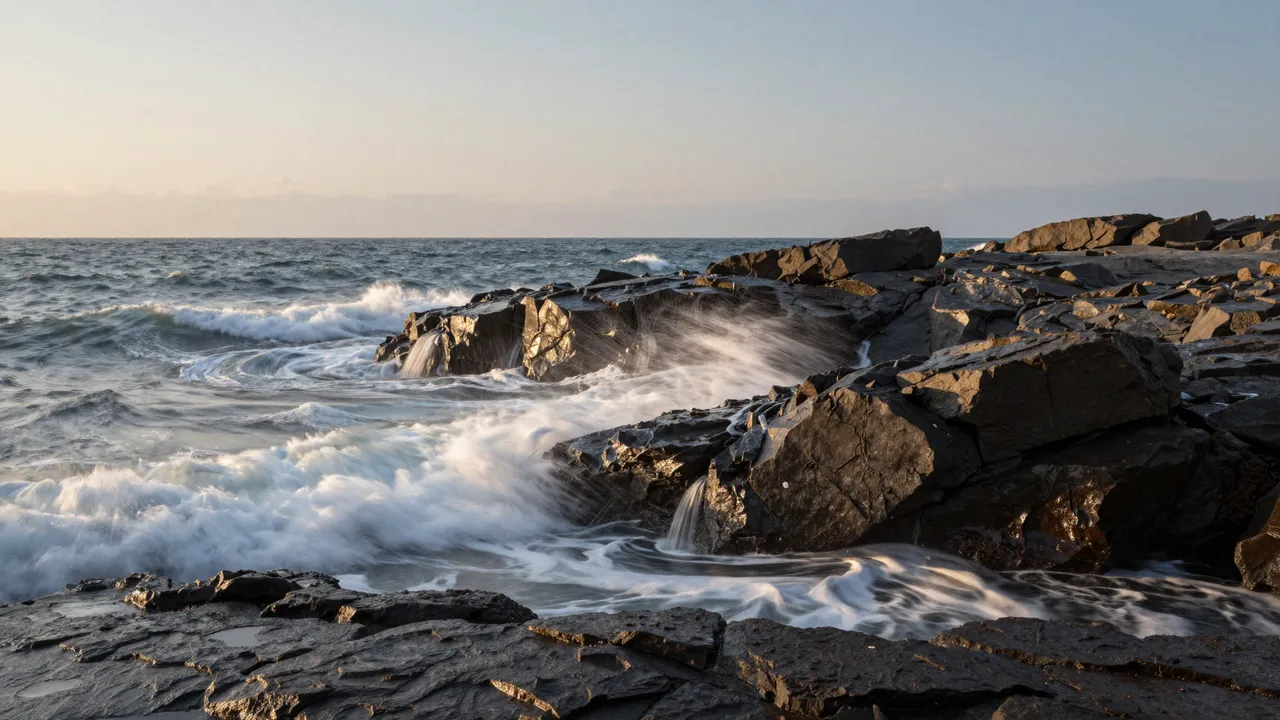 Crashing ocean waves flow over dark weathered coastal rocks under a soft pale dusk sky