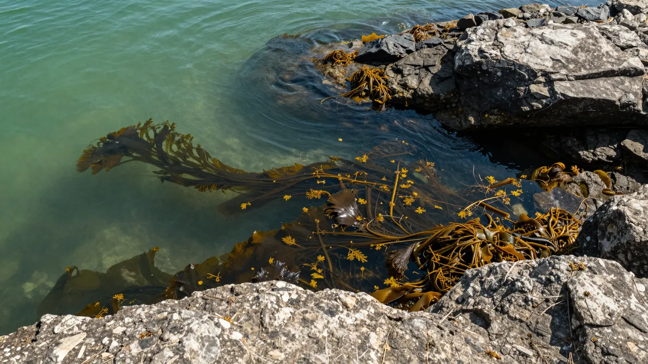 Clear green coastal water with drifting kelp viewed from a sunlit rocky cliff top