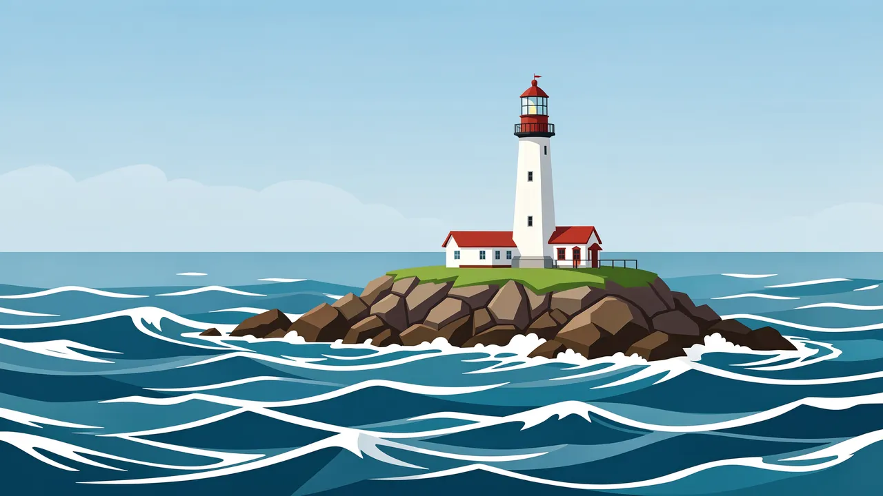 Flat vector illustration of a lighthouse with outbuildings perched on a rocky islet surrounded by rolling ocean waves under