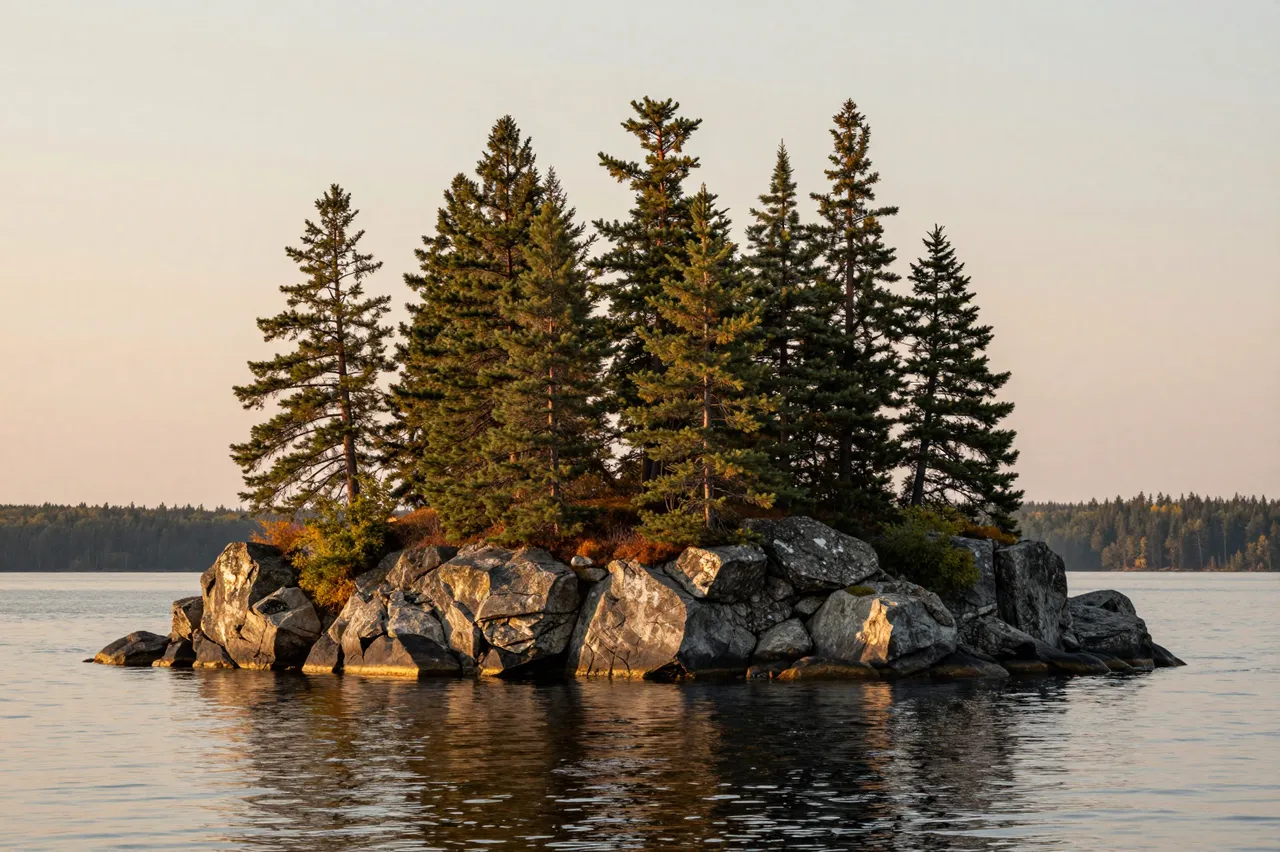 A rocky pine-covered island sits in a calm lake under warm sunset light, with distant forested shores.