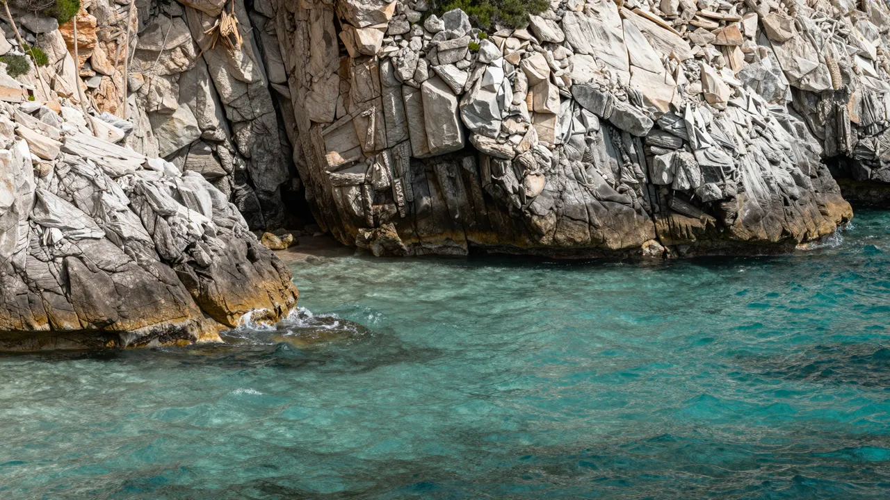 Clear turquoise water laps against rugged light gray coastal rock formations on a sunny day