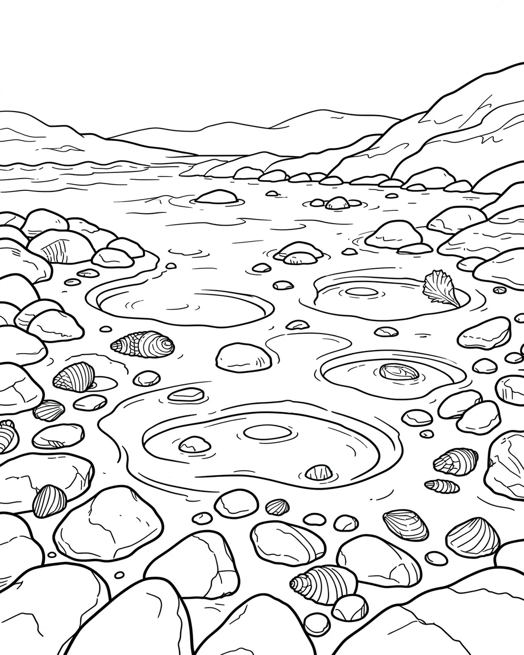 Black and white line art of a rocky seashore dotted with tide pools, seashells, and distant coastal hills.