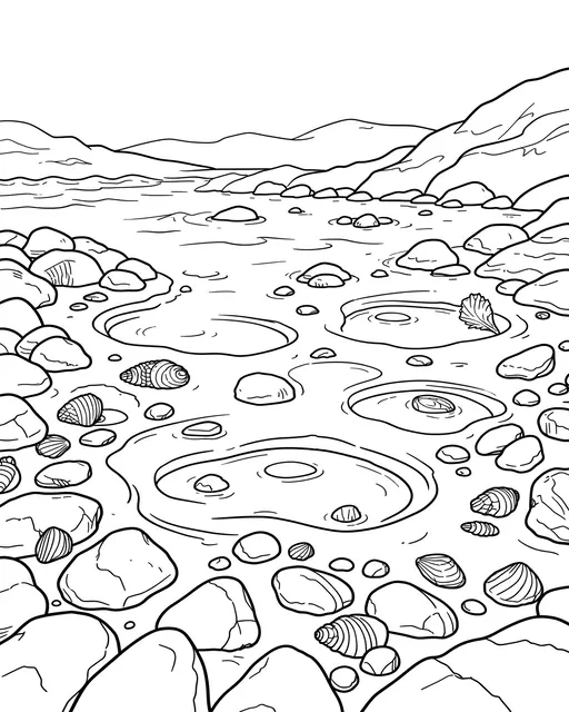 Black and white line art of a rocky seashore dotted with tide pools, seashells, and distant coastal hills.