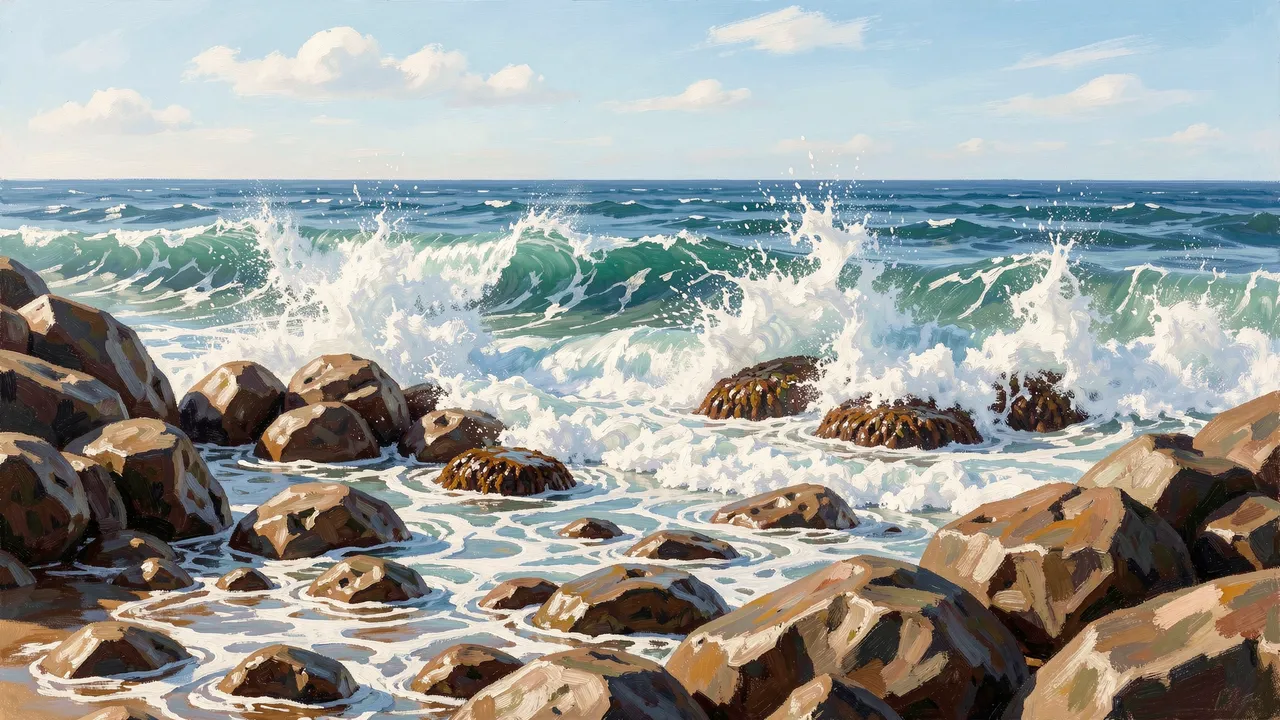 Breaking ocean waves crash against smooth coastal rocks under a bright sunny morning sky