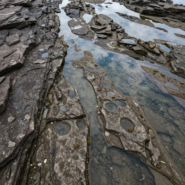 Aerial top-down view of a rocky shore shelf dotted with clear tide pools reflecting the sky