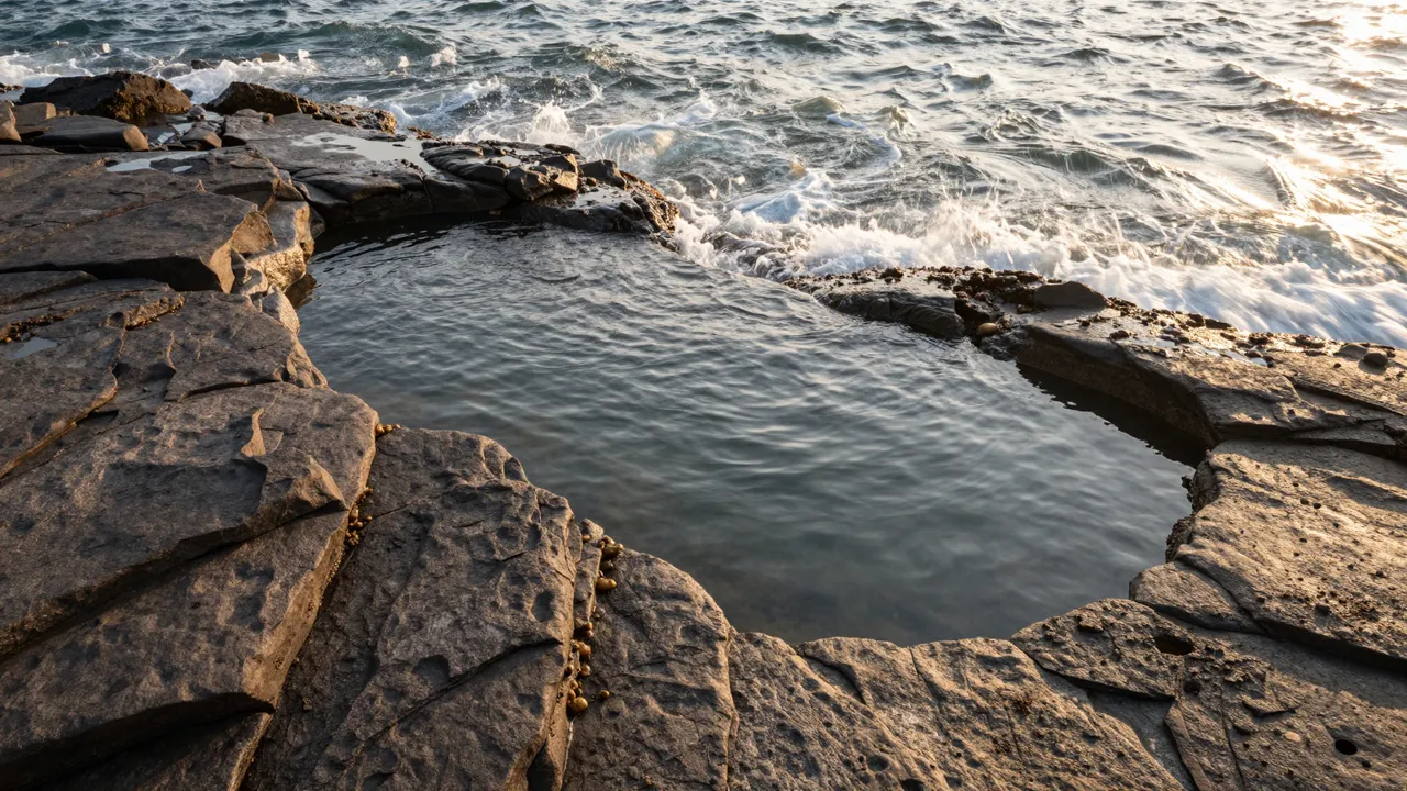 Waves spill into a natural rocky tidal pool as golden sunrise light hits the shoreline