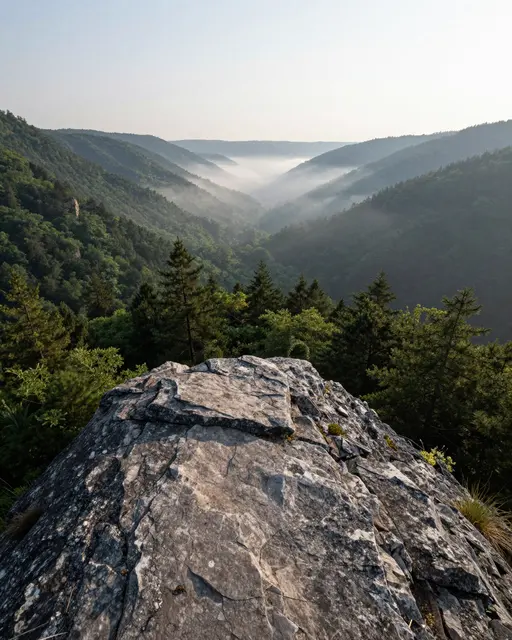 A rugged rocky overlook looks out over a misty forested mountain valley at soft dawn