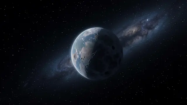 A frozen rogue planet floats in dark starry space, dimly lit by a distant glowing nebula