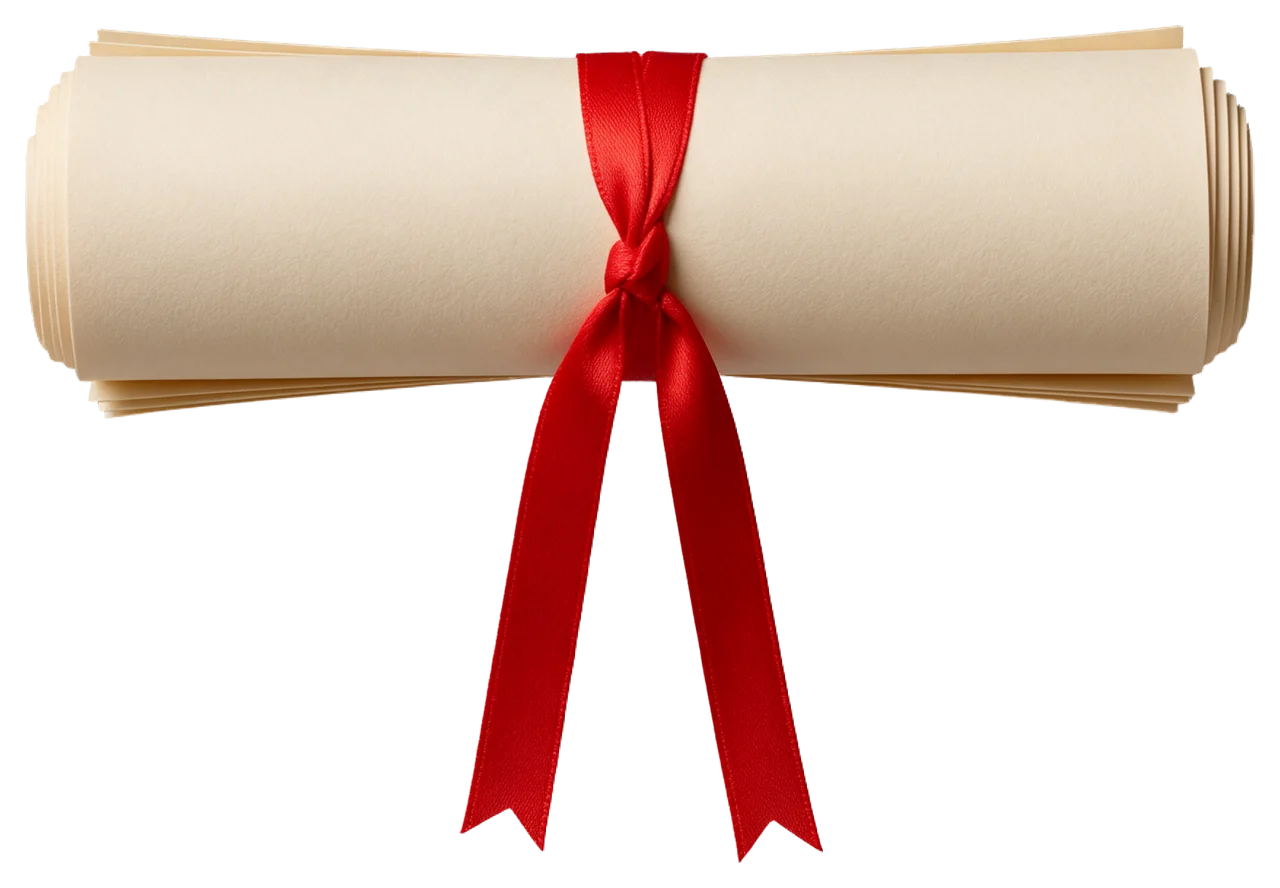 A rolled cream paper diploma tied neatly with a knotted red satin ribbon