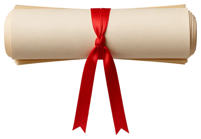 A rolled cream paper diploma tied neatly with a knotted red satin ribbon