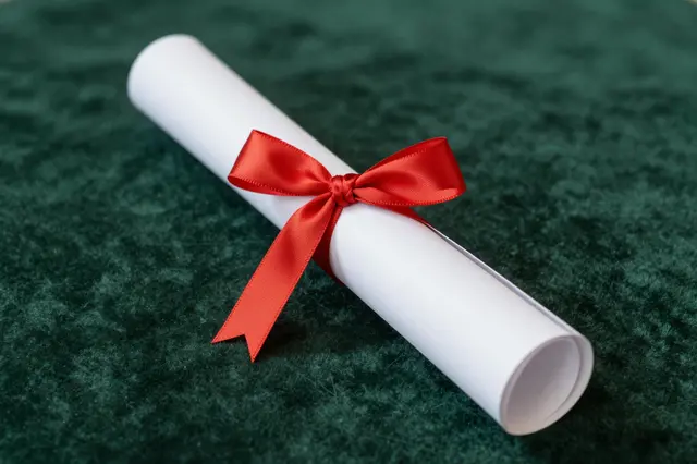 A rolled white diploma tied with a red satin bow rests on dark green velvet fabric.
