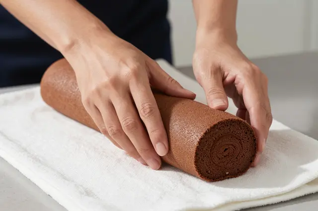 A person's hands roll a chocolate sponge cake on a white kitchen towel.