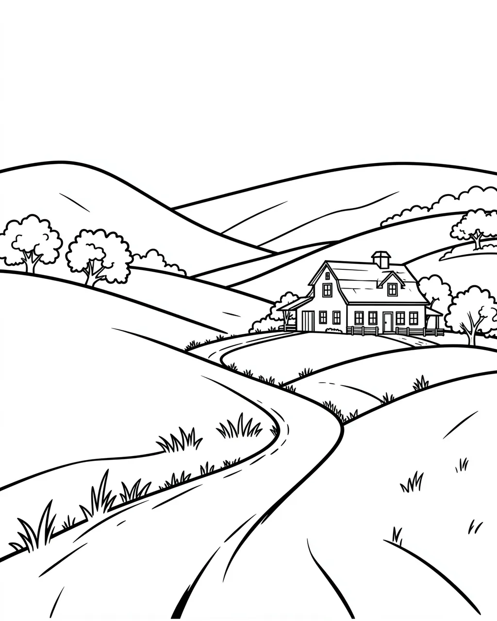 Black and white bold line art of rolling hills, a farmhouse, and a winding country lane on a plain white background