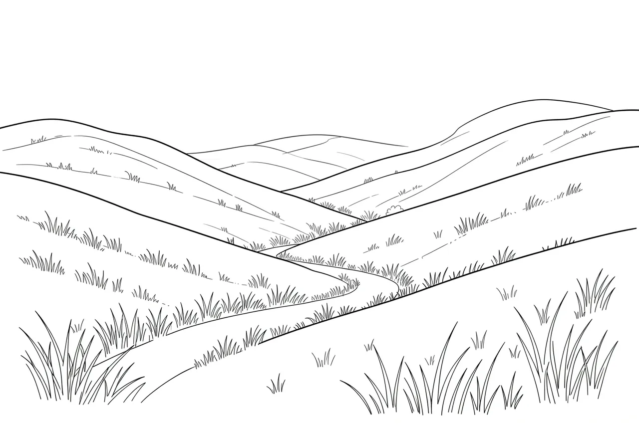 Fine single-weight line drawing of grassy rolling hills with a winding path on a plain white background