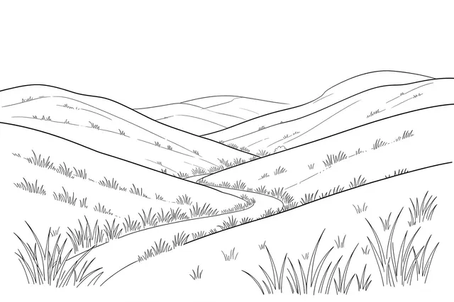 Fine single-weight line drawing of grassy rolling hills with a winding path on a plain white background
