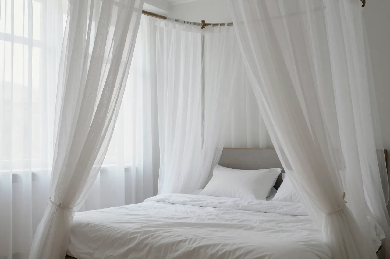 Bright sunlit bedroom with a four-poster canopy bed draped in sheer white curtains