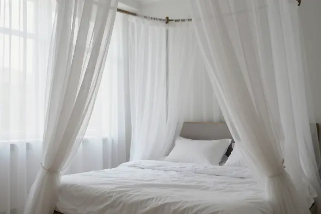 Bright sunlit bedroom with a four-poster canopy bed draped in sheer white curtains