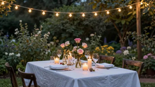 Set outdoor dining table with candles, roses and string lights in a lush garden at dusk