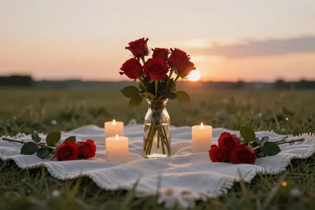A fringed white picnic blanket with red roses and lit candles rests on grass at golden sunset