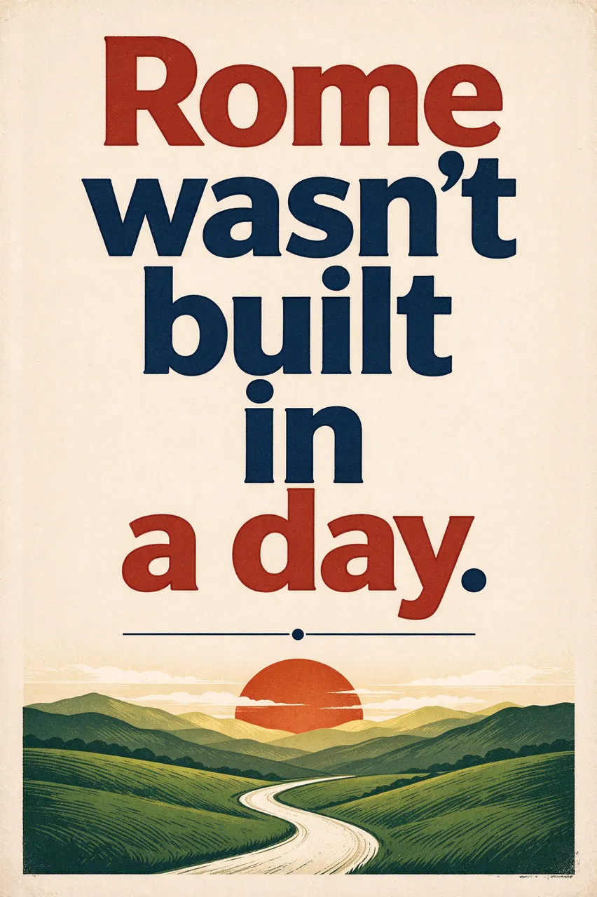 Vintage travel poster illustration displaying the quote "Rome wasn't built in a day" above a sunrise over rolling green