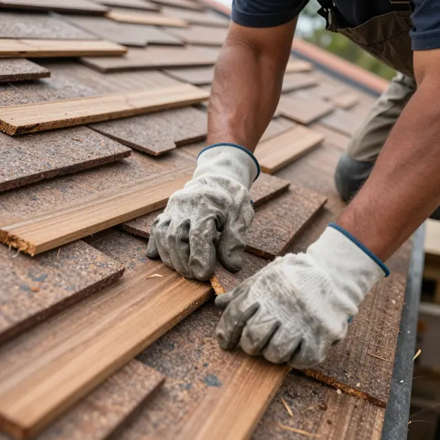 Gloved roofer hands position a cedar shake while working on a residential roof