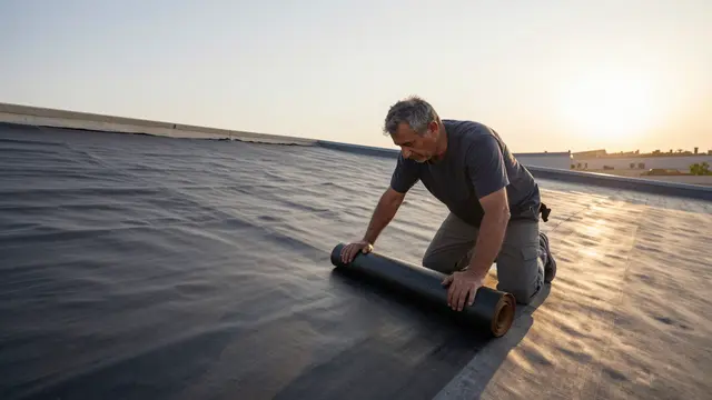 A middle aged roofer kneels on a flat roof rolling out black roofing felt during early sunrise