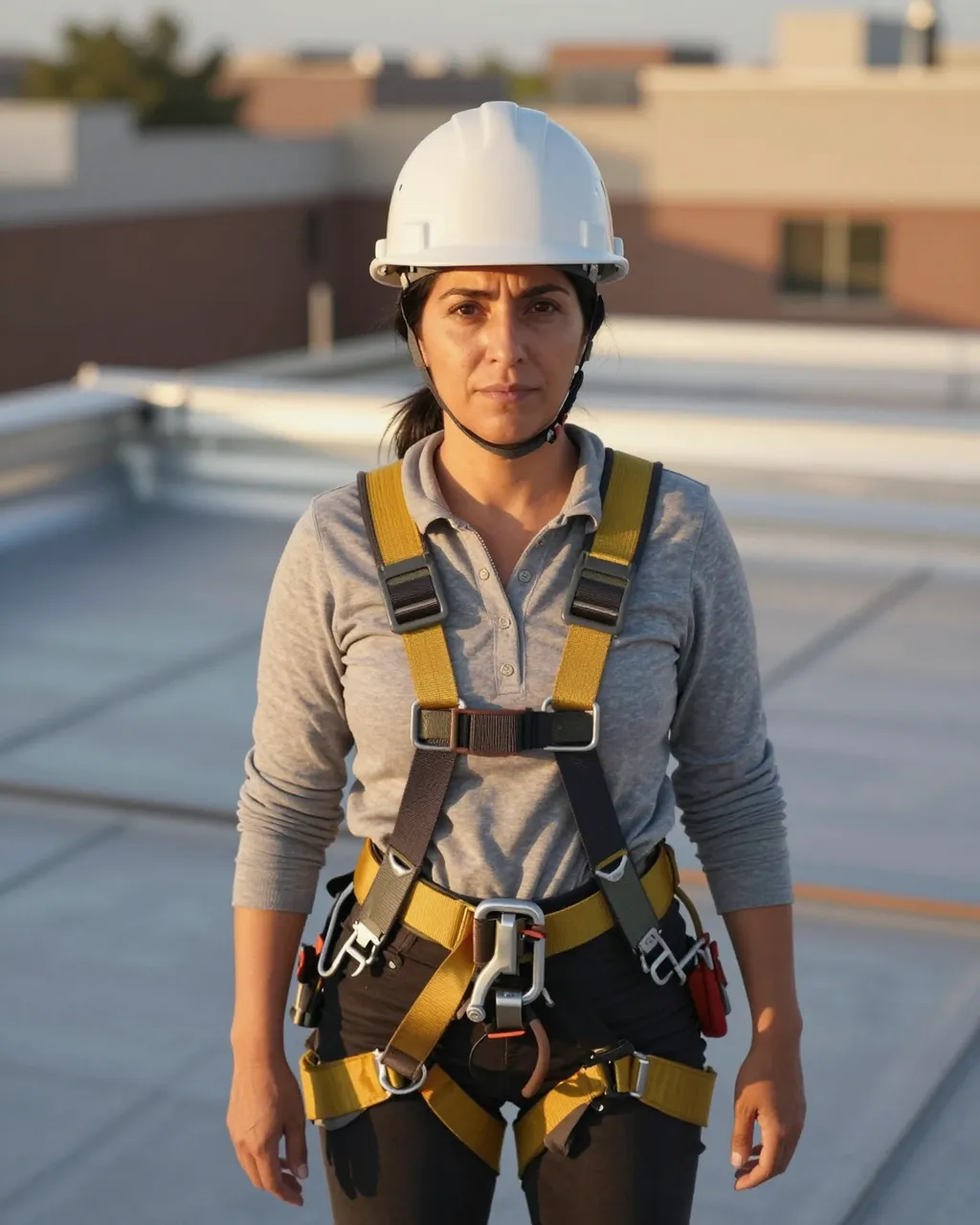 Latina construction worker wearing hard hat and safety harness stands on a flat rooftop in warm golden hour light