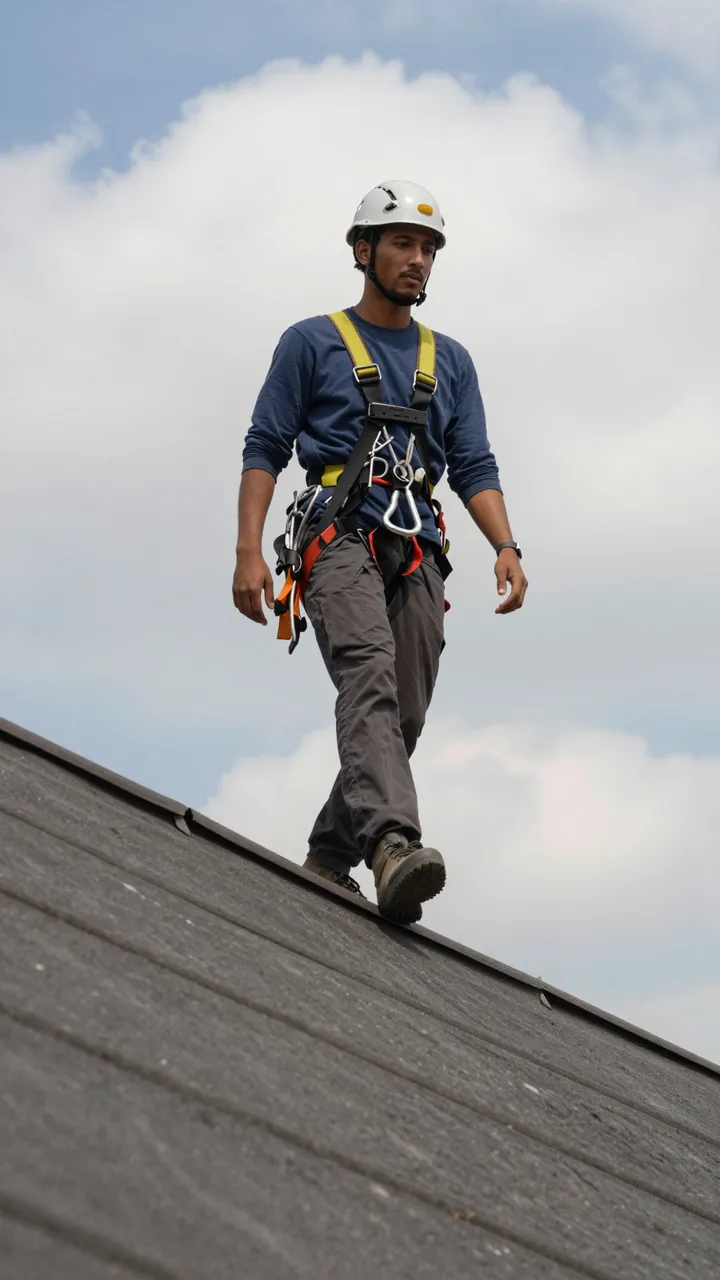 Low angle view of a mixed race roofer in safety gear walking along a roof ridge under a cloudy sky