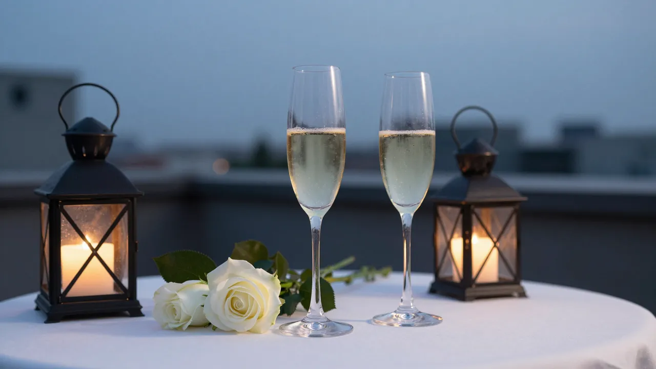 Rooftop table at dusk holds two full champagne flutes, white roses, and lit candle lanterns for a dinner for two.