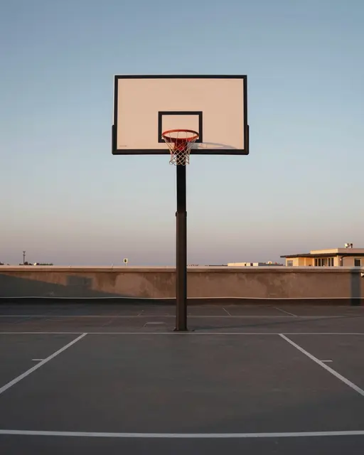 An empty rooftop basketball court with a plain backboard under a soft fading dusk sky