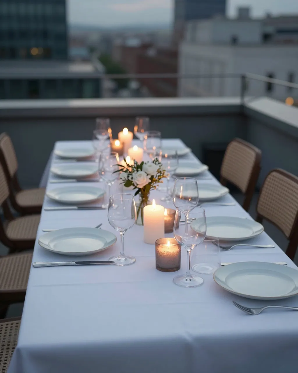 Set dining table with lit candles and empty plates on a city rooftop at dusk