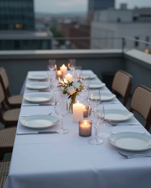 Set dining table with lit candles and empty plates on a city rooftop at dusk