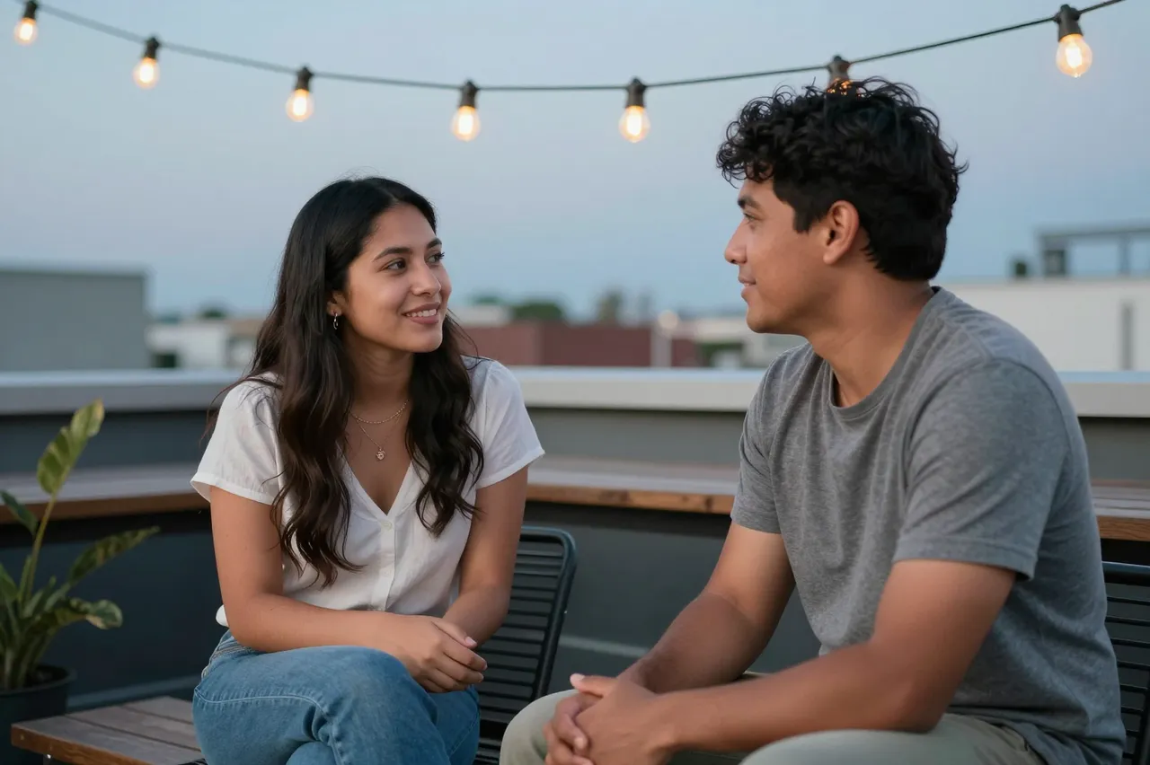 Two people chat while sitting on a hostel rooftop terrace under string lights at dusk