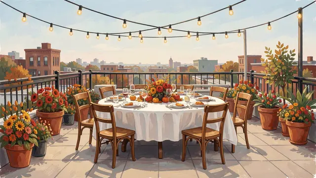 Gouache illustration of a set rooftop Friendsgiving table with string lights and autumn potted plants, no people present